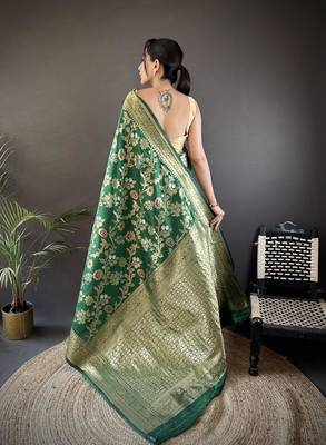 soft Art silk green floral & ethnic motifs design meenakari banarasi 3