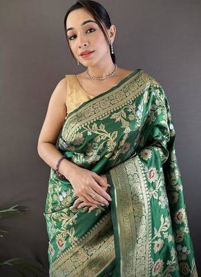 soft Art silk green floral & ethnic motifs design meenakari banarasi 4