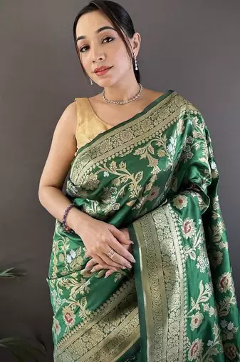 soft art silk green floral & ethnic motifs design meenakari banarasi