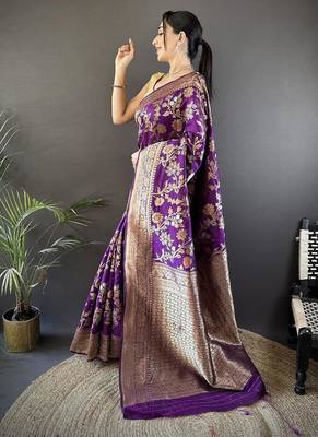 soft Art silk purple floral & ethnic motifs design meenakari banarasi 1