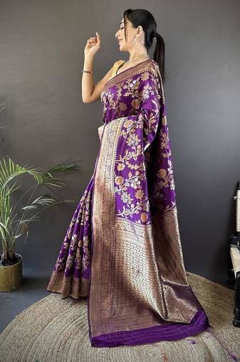 soft art silk purple floral & ethnic motifs design meenakari banarasi