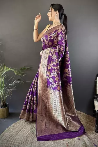 soft art silk purple floral & ethnic motifs design meenakari banarasi