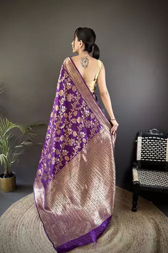 soft art silk purple floral & ethnic motifs design meenakari banarasi