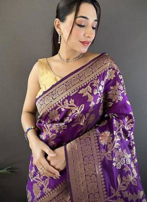 soft Art silk purple floral & ethnic motifs design meenakari banarasi 4