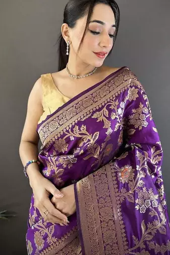 soft art silk purple floral & ethnic motifs design meenakari banarasi