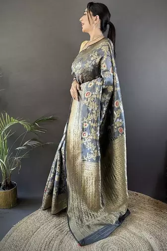 soft art silk grey floral & ethnic motifs design meenakari banarasi