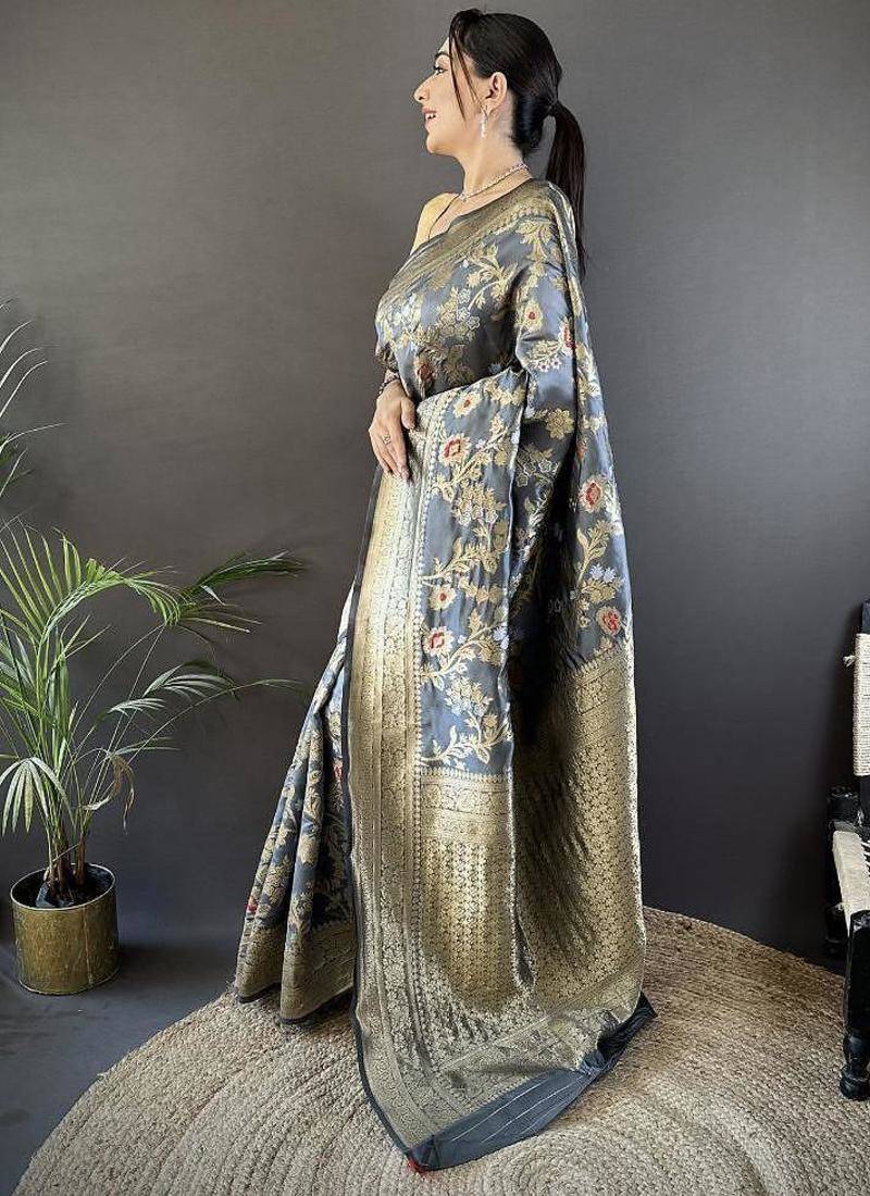 soft art silk grey floral & ethnic motifs design meenakari banarasi