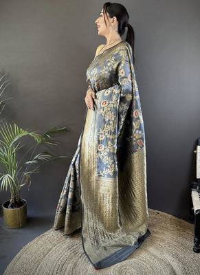 soft Art silk grey floral & ethnic motifs design meenakari banarasi 2