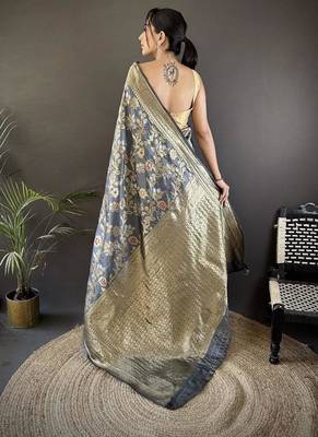 soft Art silk grey floral & ethnic motifs design meenakari banarasi 3