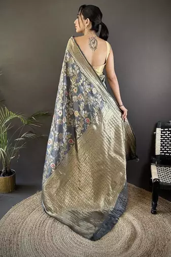 soft art silk grey floral & ethnic motifs design meenakari banarasi