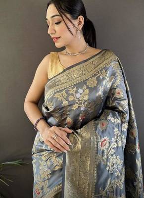 soft Art silk grey floral & ethnic motifs design meenakari banarasi 4