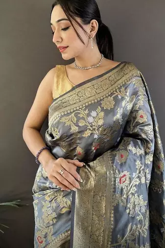 soft art silk grey floral & ethnic motifs design meenakari banarasi