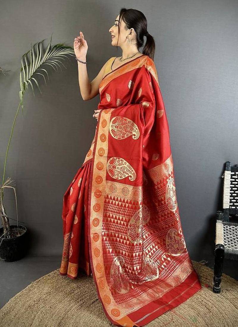 soft art silk red  paisley banarasi