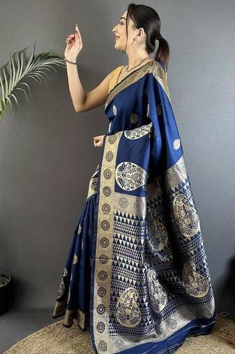 soft art silk navy blue  paisley banarasi