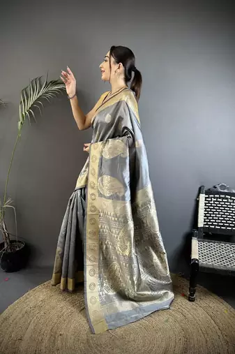 soft art silk grey  paisley banarasi
