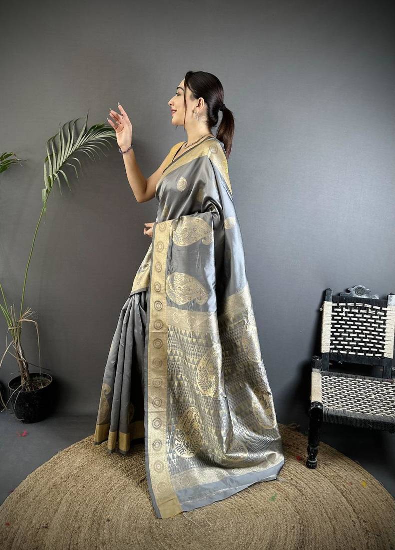 soft art silk grey  paisley banarasi
