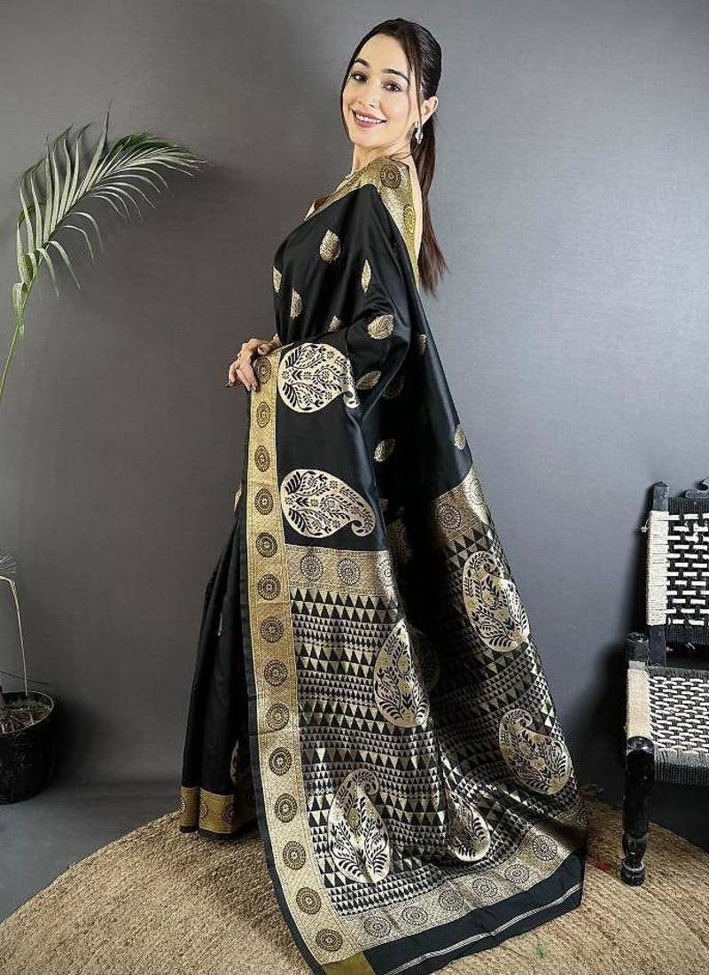 soft art silk black  paisley banarasi