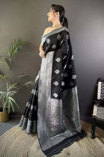 soft art silk black  floral motifs banarasi