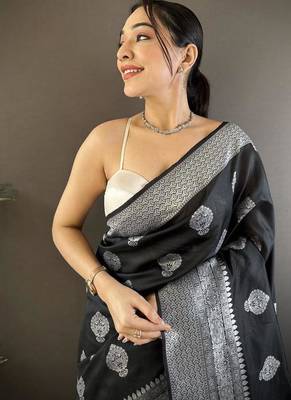 soft Art silk black  floral motifs banarasi 3