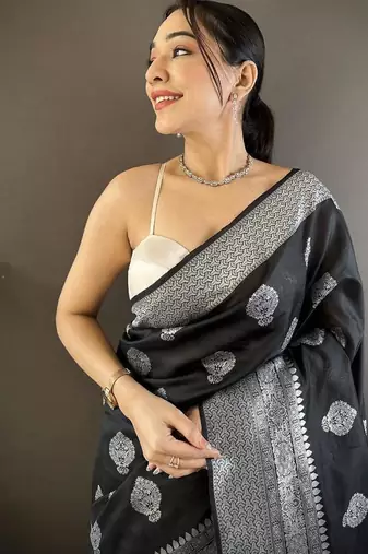 soft Art silk black  floral motifs banarasi