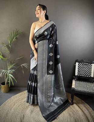 soft Art silk black  floral motifs banarasi 5