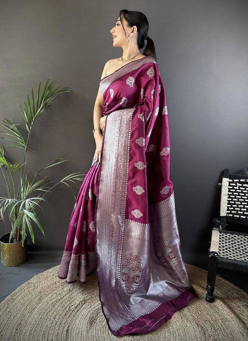 soft art silk  magenta  floral motifs banarasi