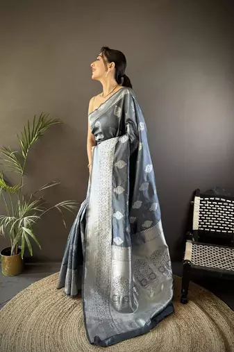 soft art silk grey  floral motifs banarasi