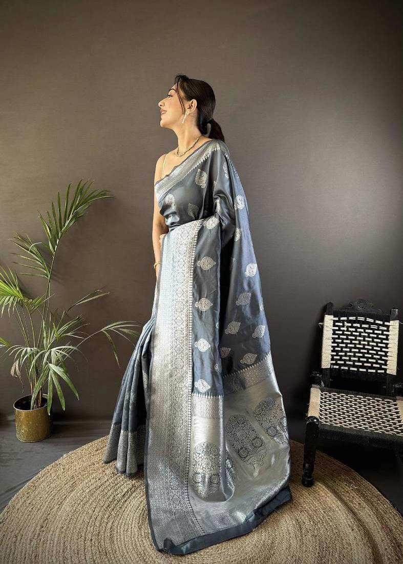 soft art silk grey  floral motifs banarasi