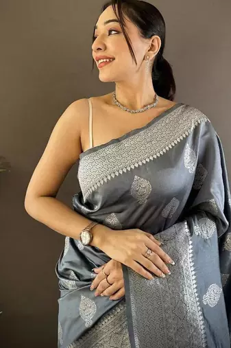 soft Art silk grey  floral motifs banarasi