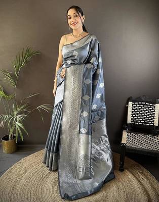 soft Art silk grey  floral motifs banarasi 5
