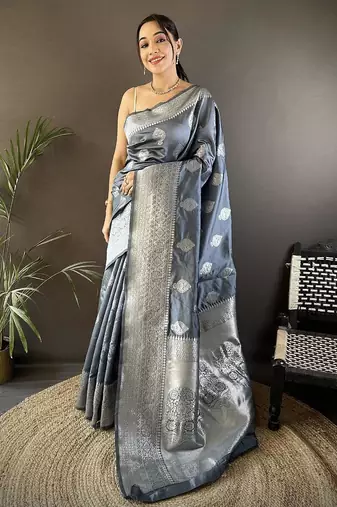 soft Art silk grey  floral motifs banarasi