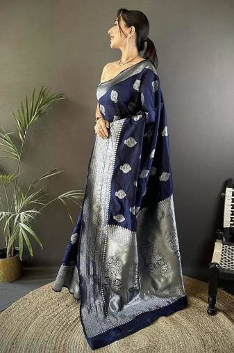 soft art silk  navy blue  floral motifs banarasi
