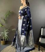 soft art silk  navy blue  floral motifs banarasi