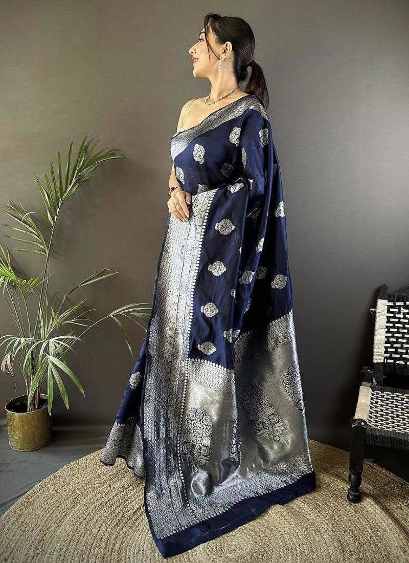 soft art silk  navy blue  floral motifs banarasi