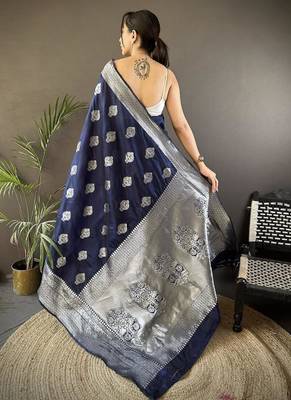 soft Art silk  navy blue  floral motifs banarasi 2