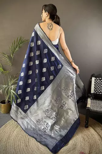 soft Art silk  navy blue  floral motifs banarasi