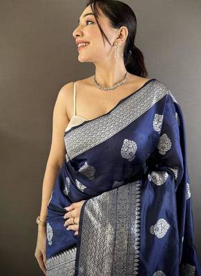 soft Art silk  navy blue  floral motifs banarasi 3