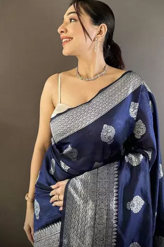 soft Art silk  navy blue  floral motifs banarasi