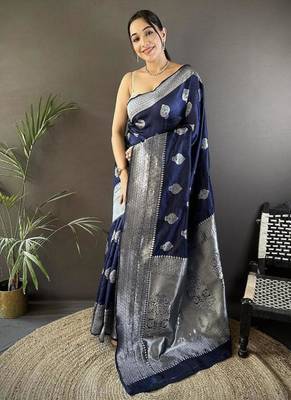 soft Art silk  navy blue  floral motifs banarasi 5