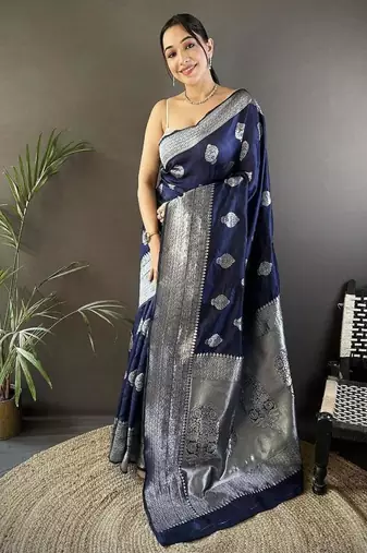 soft Art silk  navy blue  floral motifs banarasi