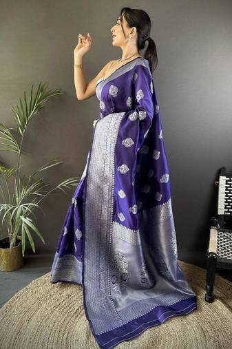 soft art silk  royal blue  floral motifs banarasi