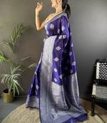 soft art silk  royal blue  floral motifs banarasi