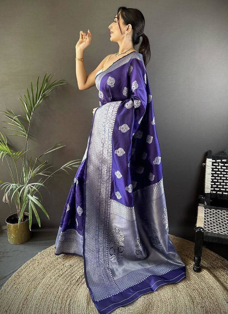 soft art silk  royal blue  floral motifs banarasi