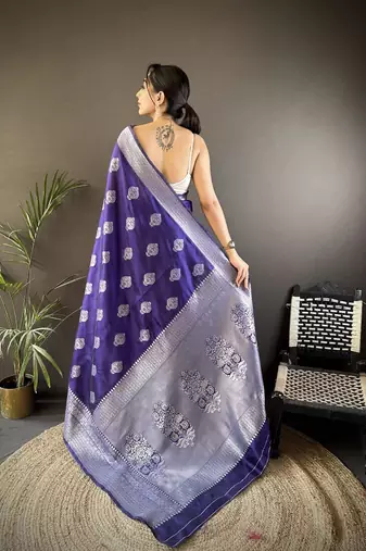 soft Art silk  royal blue  floral motifs banarasi
