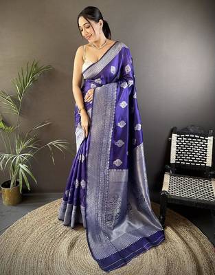 soft Art silk  royal blue  floral motifs banarasi 5