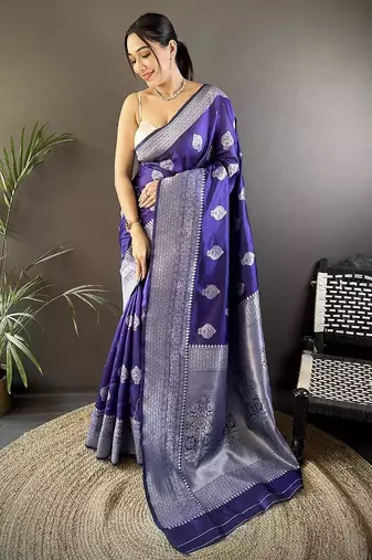 soft Art silk  royal blue  floral motifs banarasi