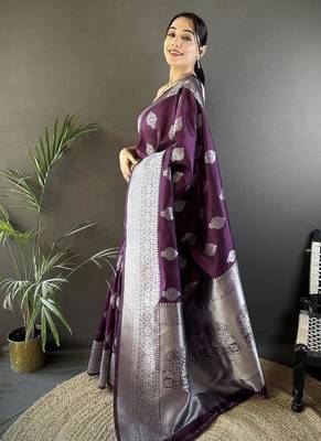 soft Art silk wine  floral motifs banarasi 1