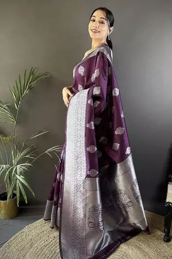 soft art silk wine  floral motifs banarasi