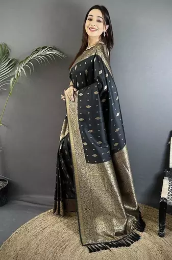 lichi art silk black zari weaving motif banarasi art silk