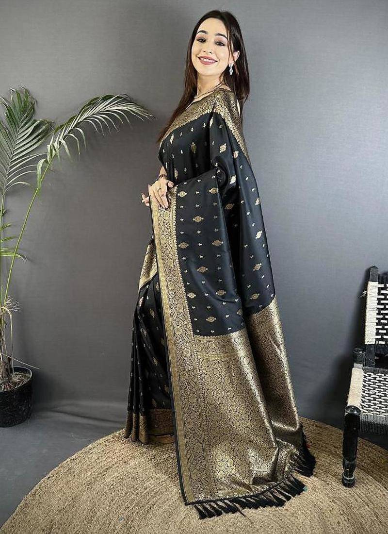 lichi art silk black zari weaving motif banarasi art silk